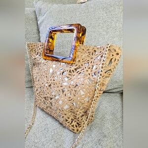 🌟Elegant Tan Cork Lace Cutout Women's Bag with Tortoise Shell Handle🌟